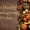 Thanksgiving dinner background with turkey and all sides dishes, pumpkin pie, fall leaves and seasonal autumnal decor on wooden background, top view, copy space.